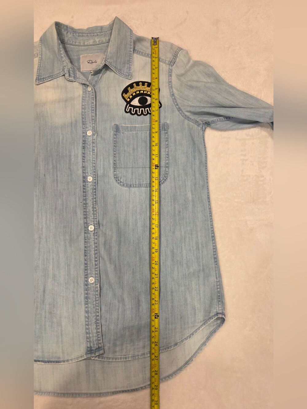RAILS CLEOPATRA Light Wash Denim Button-Up Shirt with Eye Patch, Size XS. - Picture 13 of 15